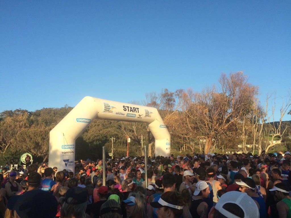 The start of the 2016 Great Ocean Road half marathon at Kennet River